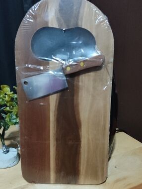Wood Serving Board with Cleaver - Natural Wood Tones